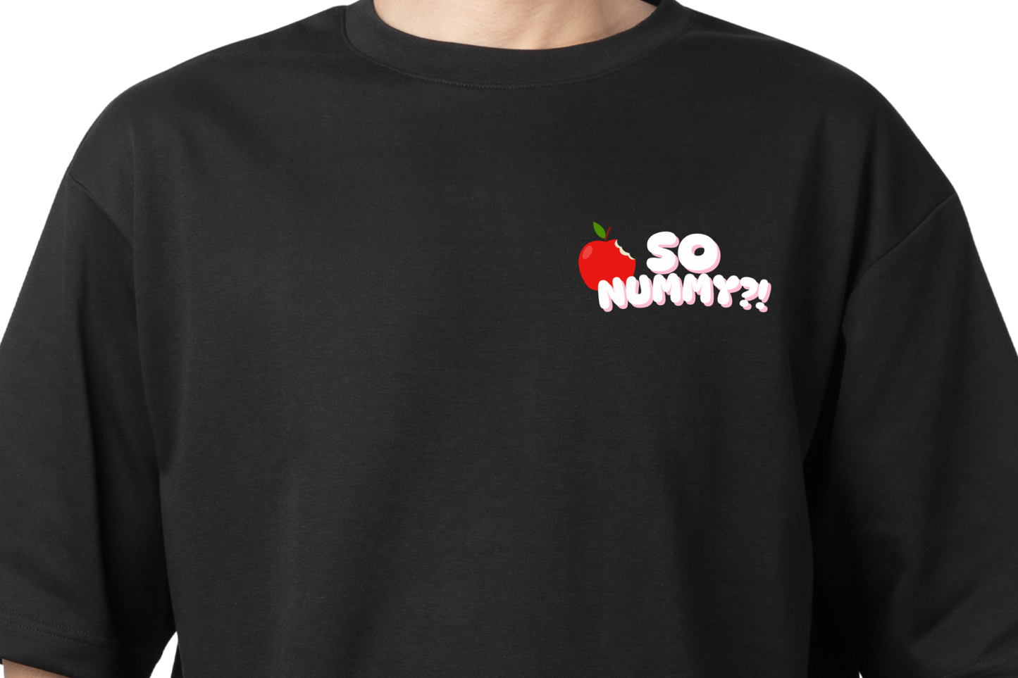 Black t-shirt with a graphic design on a white background